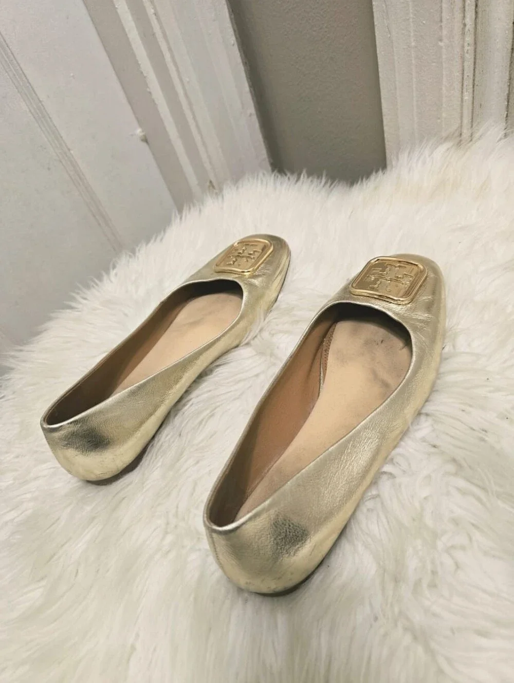 Tory Burch Georgia Leather Square Toe Metallic Gold-tone Ballet Flat Sz 7.5M